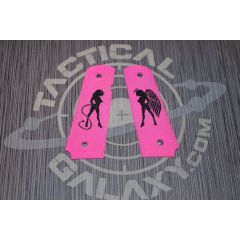 1911 PINK CERAKOTE GRIPS W/ BLACK ANGEL VS DEVIL GIRL ( full or midsize )
