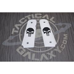 1911 WHITE CERAKOTE GRIPS W/ BLACK PUNISHER ( FULL OR MIDSIZE )